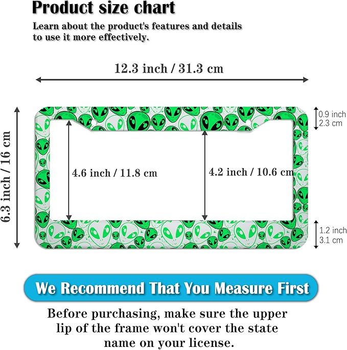 License Plate Covers for Men Green License Plate Frames for Women Alien Universal Aluminum Car Accessory 2 Pack with Screw Covers Set
