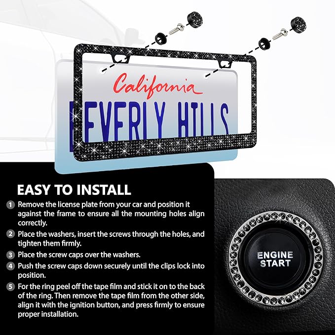 2 Pack Black Bling License Plate Frames for Women - Stainless Steel with Diamond Sparkly Rhinestone License Plate Holders - Perfect Birthday for Auto Lovers