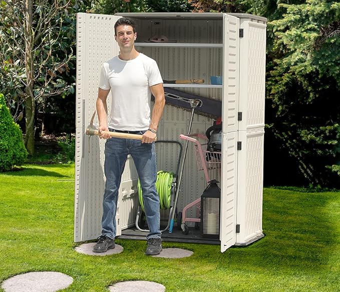KINYING Outdoor Storage Shed Waterproof, Resin Vertical Storage Cabinet Double-Layered, Versatile to Store Patio Furniture, Garden Tools, Pool Accessories,Mower (66 Cu.ft,White)