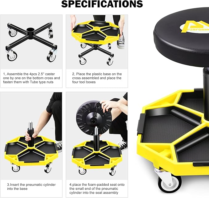 PM PERFORMOTOR Adjustable Height Pneumatic Garage Seat Rolling Mechanic Stool with Tool Tray Storage,300lbs Max Weight Capacity, Yellow,PM-TOL-ATS-YL
