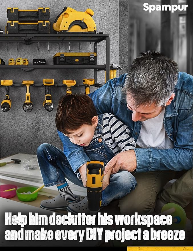 Power Tool Organizer, 15 Min Quick Assembly & Max 420lbs load by Heavy Duty Metal, 4 shelves 8 Slots for Cordless Drill in Garage/Workshop/Pegboard/Shed Suitable for Father's Day