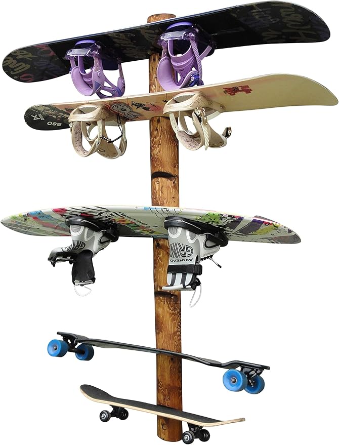 7-Place Wall-Mounted Snowboard Log Rack, Wakeboard Racks, Skateboard Holder Wall Mount, Vertical Snowboard Wall Mount Sport Storage for Garage, Skateboard Rack Walls, Wood Storage Racks - Canyon Brown