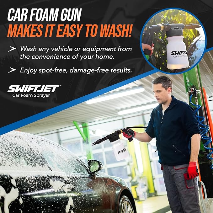 SwiftJet Car Wash Foam Sprayer Gun with Microfiber Wash Mit - Adjustable Water Pressure & Soap Ratio Dial - Foam Cannon Attaches to Any Garden Hose (Foam Sprayer with Wash Mit (Black))