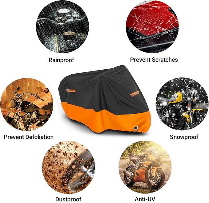 Favoto Motorcycle Cover Waterproof Outdoor - 116 inches Length All Season Universal Weather Sun Protection Night Reflector with Lock-Holes & Storage Bag Motorbike Vehicle Cover