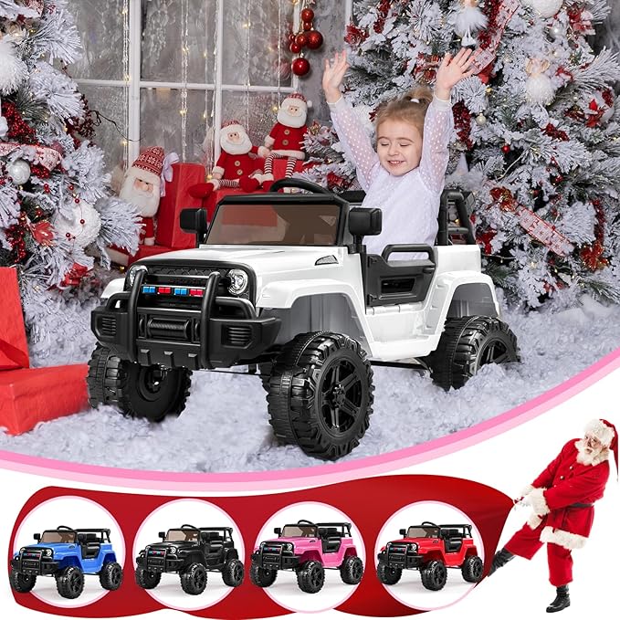 JOYMOR Ride on Truck with Remote Control, 4 Wheels 12V Battery Powered Kids Car, with LED Headlight/Horn Button/ MP3 Player/USB Port/Forward Backward/Kids Girl Boy (White)