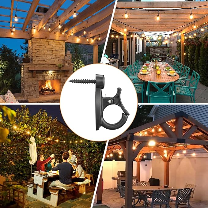 24 Pcs String Light Hooks, Screw in Hooks for Hanging String Lamp, Wire, Plants Pot, Wind Chimes, Patio Fairy Light Cord Holder with Buckle, Outdoor Concrete Wood Wall Halloween Xmas Decor Q Hanger