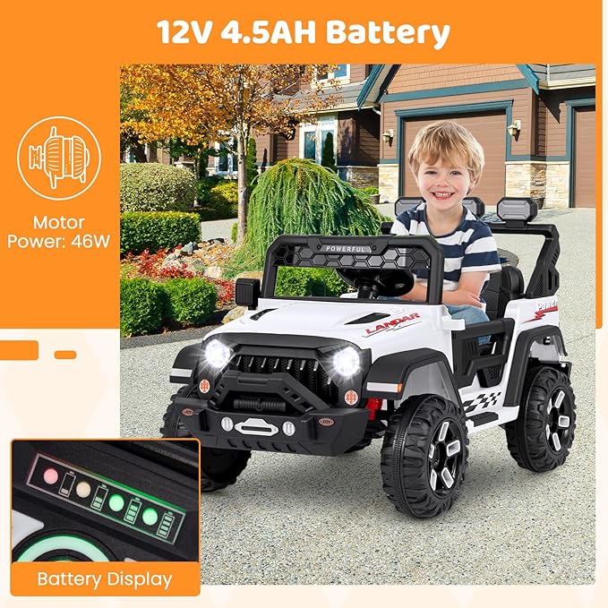 Costzon Kids Ride on Truck, 12V Electric Ride on Car with Remote Control, 3 Speed & Spring Suspension, Wireless Connection, USB, Music, Light, Kids Ride on Toys for Boys Girls (White)