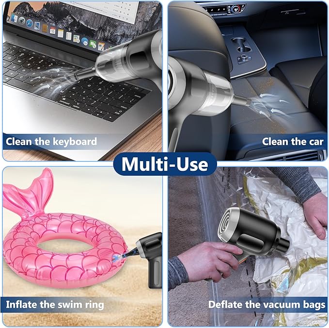 Fanisic Mini Car Vacuum, Cordless Handheld Vacuum Cleaner Rechargeable, 15000PA Strong Suction, 3 in1 Dust Buster/Air Blower/Hand Pump for Car/Keyboard/Home/Office, Inflate/Deflate Swim Ring