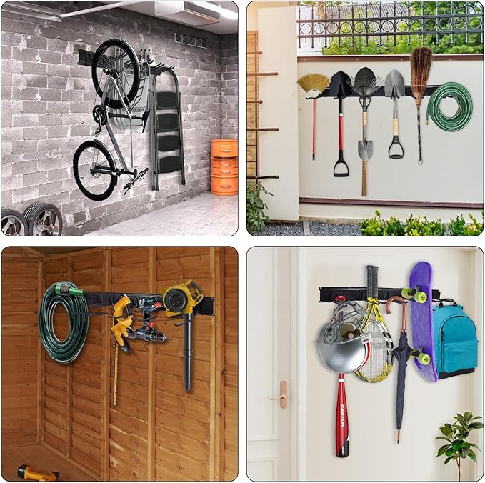 Garage Organization, 48 Inch Garden Tool Organizer Max Load 525 lb, Garage Tool Organizer Wall Mount with 7 Organization Hooks and Bike Hooks, Updated 16 Inch Studs Spacing