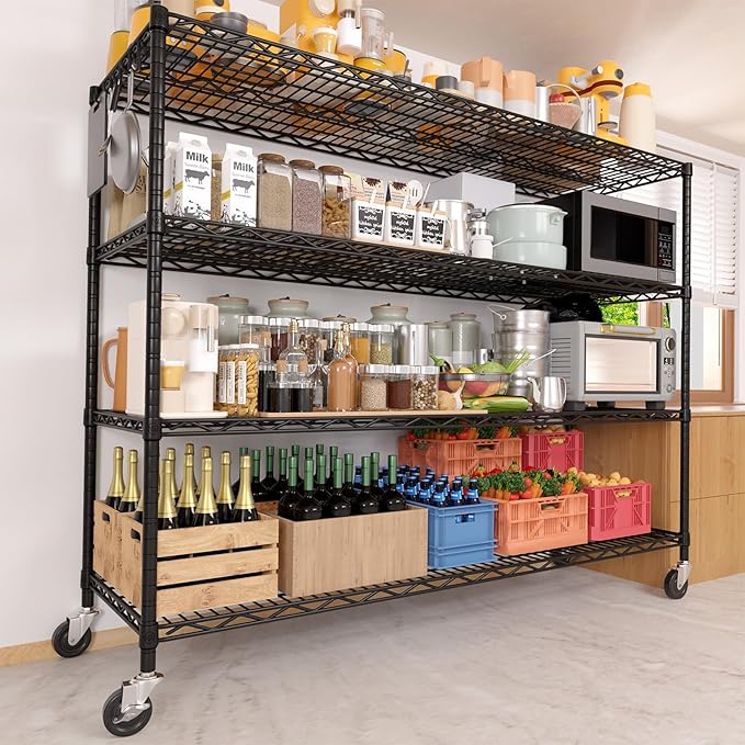 PrimeZone 5 Packs 55.5" W x 24" D x 80" H Heavy Duty Wire Storage Shelves with Wheels, 4 Tier Adjustable NSF Certified Garage Shelving Unit, Rolling Metal Organizer Shelf Rack for Warehouse, Pantry