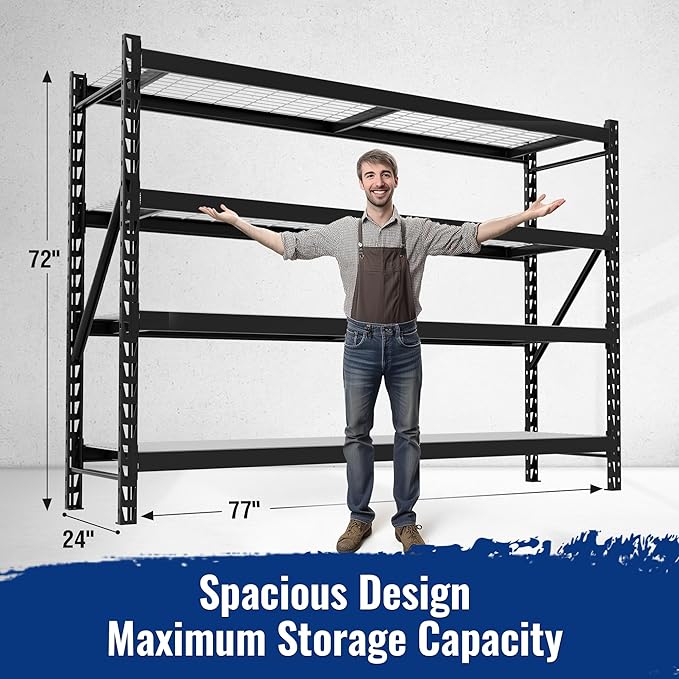 WORKPRO 8000LBS Storage Shelves, 77" Extra-Wide Garage Shelving, Heavy-Duty Metal Shelving Unit, Adjustable 4-Tier Garage Storage Rack for Warehouse, Basement,77" W X 24" D X 72" H, Black