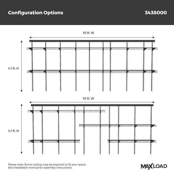 ClosetMaid MaxLoad Heavy Duty Wall Shelf Kit for Garage, 6 – 10 Ft., Adjustable ShelfTrack Wire Shelving, Black Finish