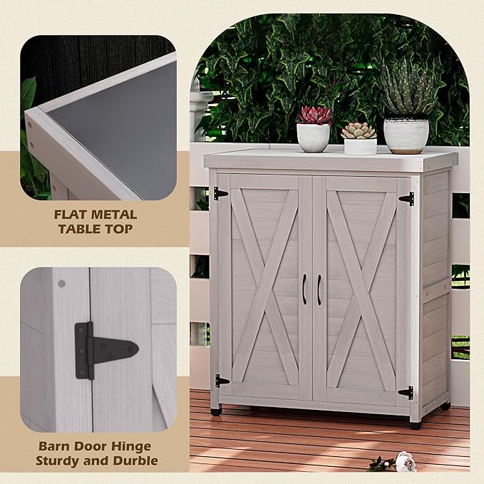 Outdoor Storage Shed Waterproof, Potting Shed with Storage Cabinet and Metal Table Top for Backyard Garden Patio,Outdoor Work Station Table