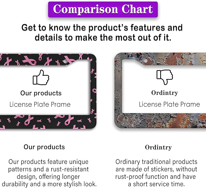 License Plate Frames for Men Black Powder Car License Plate Frame for Women Pink Ribbon Aluminum Metal Car Accessory 2 Pack with Screw Covers Set