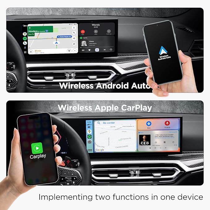 2in1 CarPlay Android Auto Wireless Adapter, Mini Car Play Cars Stick, Fast Auto Connection for OEM Wired Car Play Model 2017 Above, for iPhone iOS 12 /Android 11 Above，Black