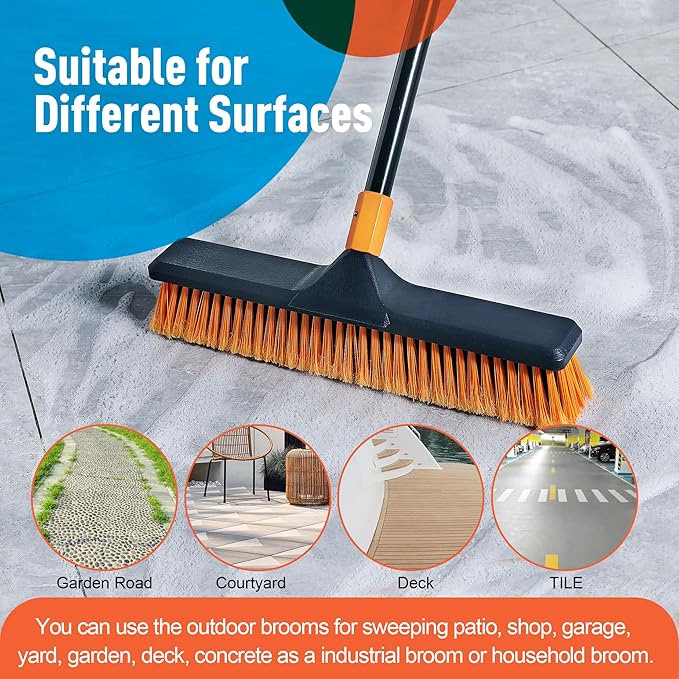 2 Set 18" Push Broom Outdoor with 65” Extendable Long Handle, Stiff Bristle Heavy Duty Broom for Indoor and Outdoor, Bathroom, Kitchen, Tub, Tile, Patio, Deck, Concrete, Commercial Brooms