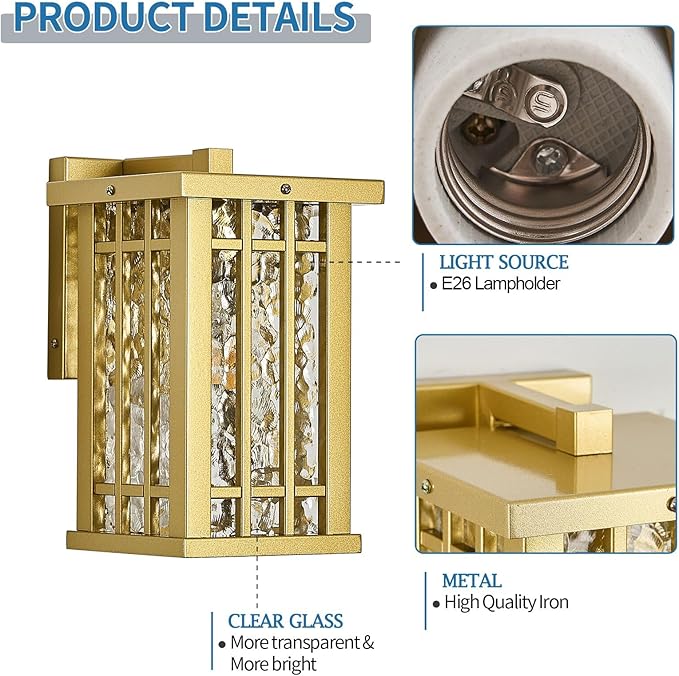 Outdoor Wall Light E26 Base Metal Frame - Gold Exterior Waterproof Lanterns with Clear Glass, Porch Wall Mount Lighting for Garage, Patio(Bulb not Included)