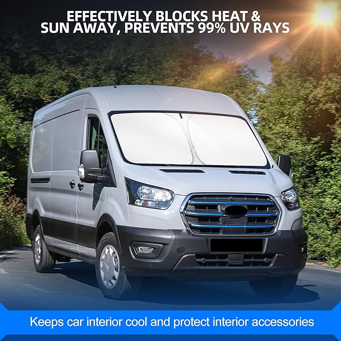 Windshield Sun Shade for Ford E-Transit 2022-2025 2026 Foldable Sunshade Custom Fit Front Window Car Interior Accessories Protector Blocks UV Rays