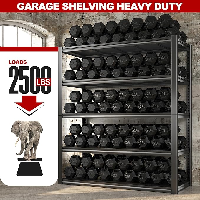 REIBII 48" W Garage Shelving 2500LBS Storage Shelves Adjustable Metal Shelving Heavy Duty Garage Shelves for Warehouse Pantry Basement 48" W x 72" H x 18" D