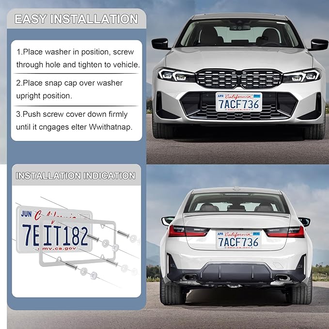 LivTee 4 Holes Stainless Steel License Plate Frames, 2 PCS Car Licence Plate Covers, Automotive Exterior Accessories Slim Design with Bolts Washer Caps for US Vehicles, White
