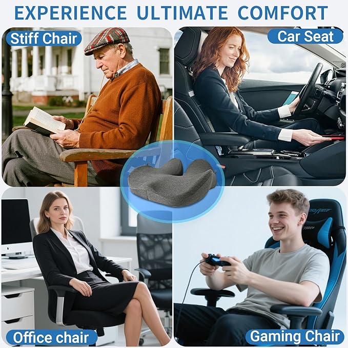 Office Chair Cushion - High Support Thickened Car Seat Cushion with Strap for Hip, Sciatica,and Tailbone Pain Relief - Ideal for Heavy People, Memory Foam Seat Cushion for Car, Truck, Home