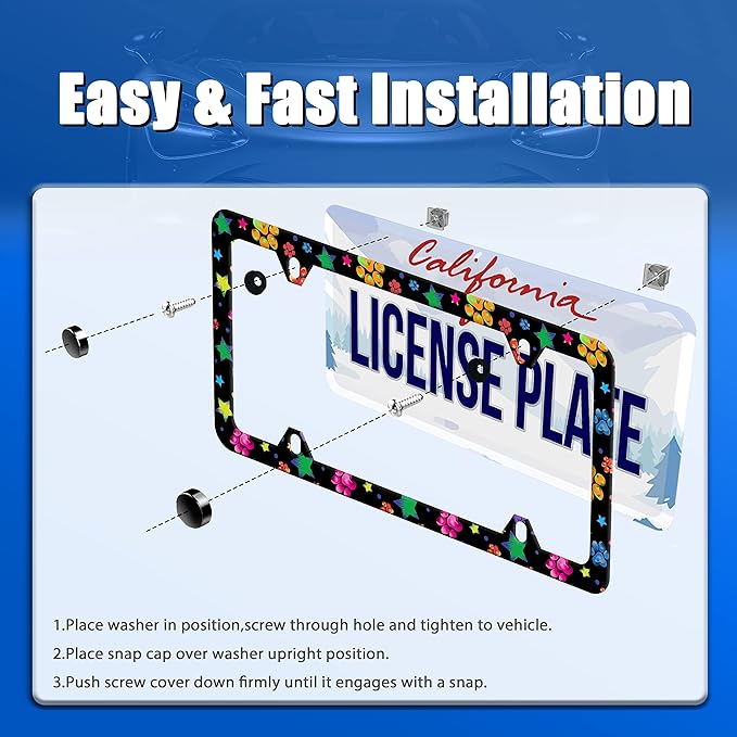 Colorful Animal Paw and Star License Plate Frame Colorful License Plate Stainless Steel Parts Funny License Plate Decorative with Screws Size 12.3" x 6.3" for Men Women