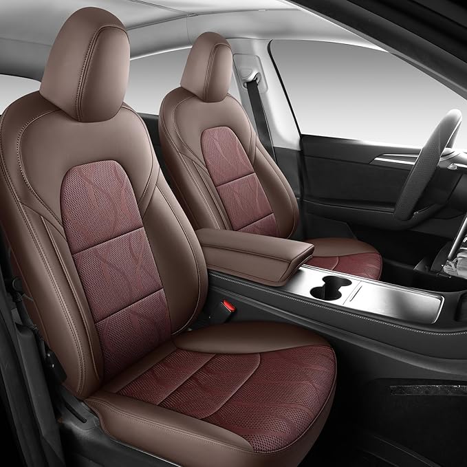 Tesla Model Y Seat Cover Full Set, Faux Leather Tesla Car Seat Cover, Perfect Suitable for Tesla Model Y 2020 2021 2022 2023 2024 2025 (Brown)