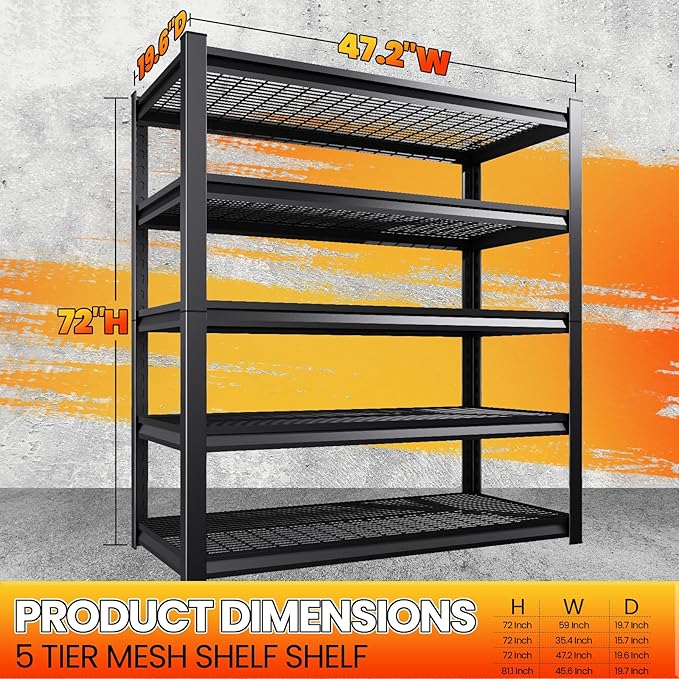 Large Garage Shelving, 5-Tier Garage Storage Shelves 3000LBS Heavy Duty Shelving Unit, Adjustable Steel Metal Shelving, Wire Shelves for Garag, Utility Rack Shelf for Basement, 72 ”H×45.7”W×19.7”D