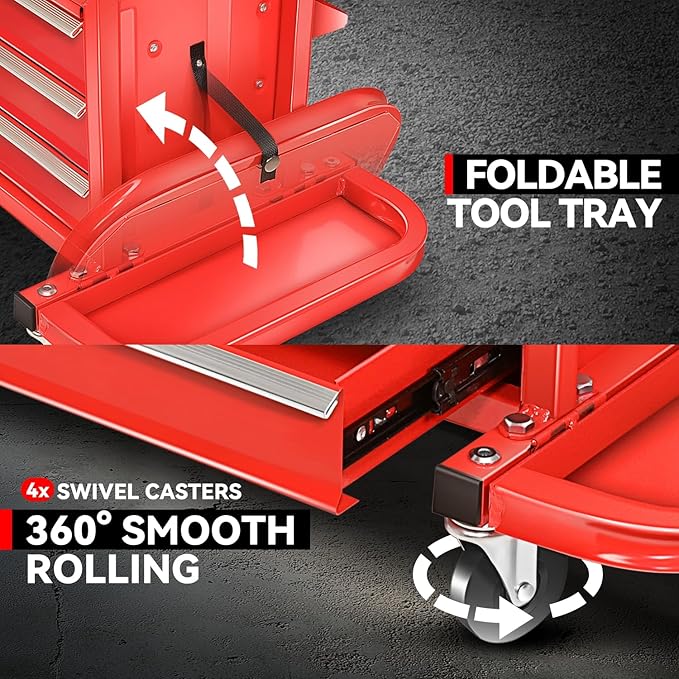 Auto Dynasty 3-Drawer Mechanic Rolling Seat, 350 LBS Capacity Roller Garage Shop Seat with Storage Tool Tray for Workshop, Repair Shop, Warehouse, Red