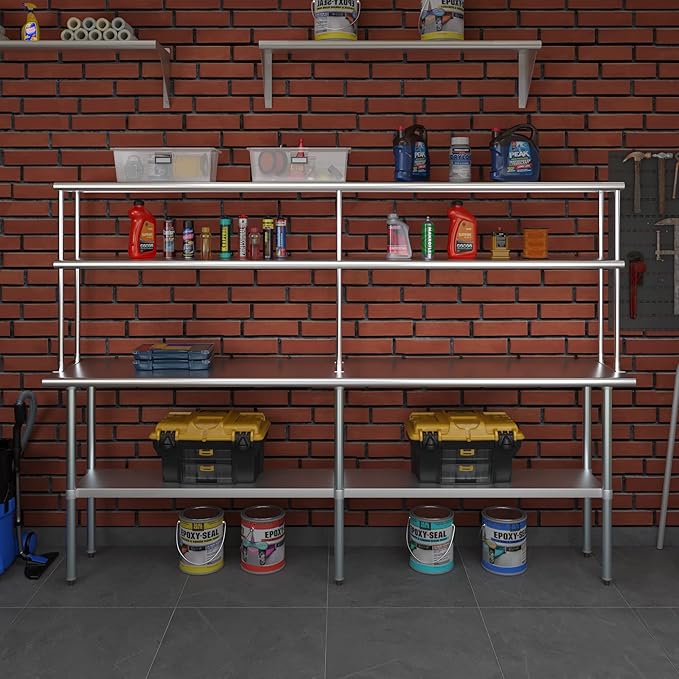Amgood Stainless Steel Work Table Double Tier Overshelf | Metal Kitchen Prep Table & Shelving Combo (18" x 96" Work Table + 12" Overshelf)