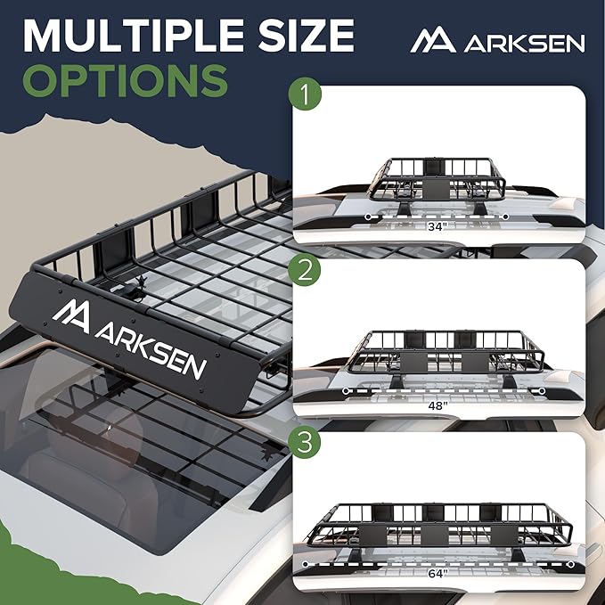 ARKSEN 64 x 34 x 6 Inch Universal Roof Rack with Extension, 600D Waterproof Bag, 2 Ratchet Straps&Net, 150 LBS Capacity Heavy Duty Rooftop Cargo Basket for SUV, Truck, RV, Pickup