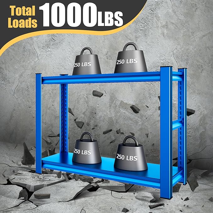 40" W Garage Shelving Heavy Duty，1000LBS Loads Adjustable Garage Storage Shelves,2-Tier Metal Storage Racks and Shelving Units, Utility Rack Shelves,40”W x 18”D x 72”H,Blue