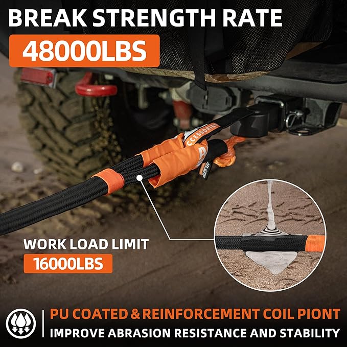 ALL-TOP Kinetic Recovery Rope, 48000Lbs, 1in x 30ft, Heavy Duty 30+% Elasticity, 16000Lbs Work Load Limit for 4x4 Offroad Vehicle