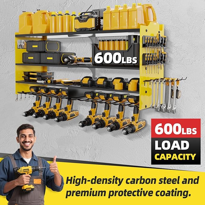 Power Tool Organizer Wall Mount with 8-Drill Holders-600Lbs Load Heavy Duty Metal 4-Layers Garage Storage and Organization Adjustable Battery Tools Rack Utility Racks Gifts for Men
