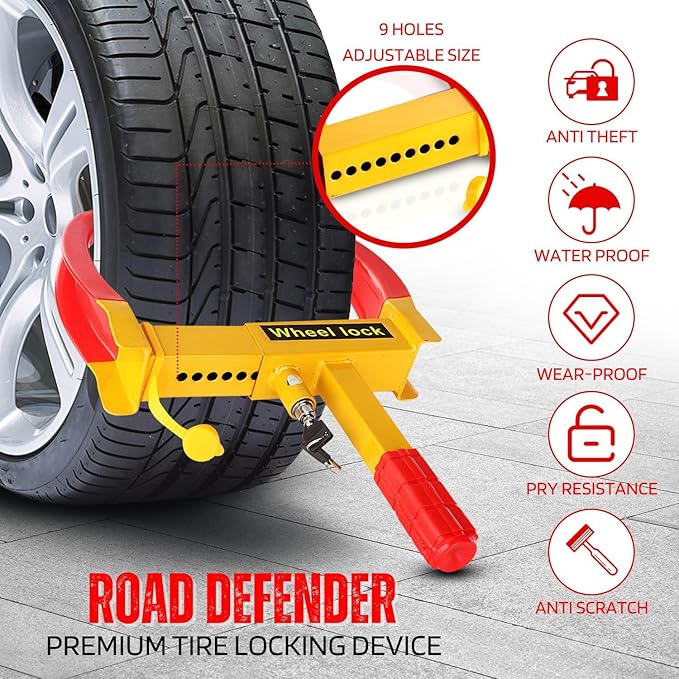 Flexzion Trailer Wheel Lock Anti Theft Wheel Clamp Lock - Heavy Duty Adjustable Tire Boot Lock for Trailer with Keys, Red & Yellow Universal Wheel Clamp for Cars, Golf Carts, Boats, Scooters