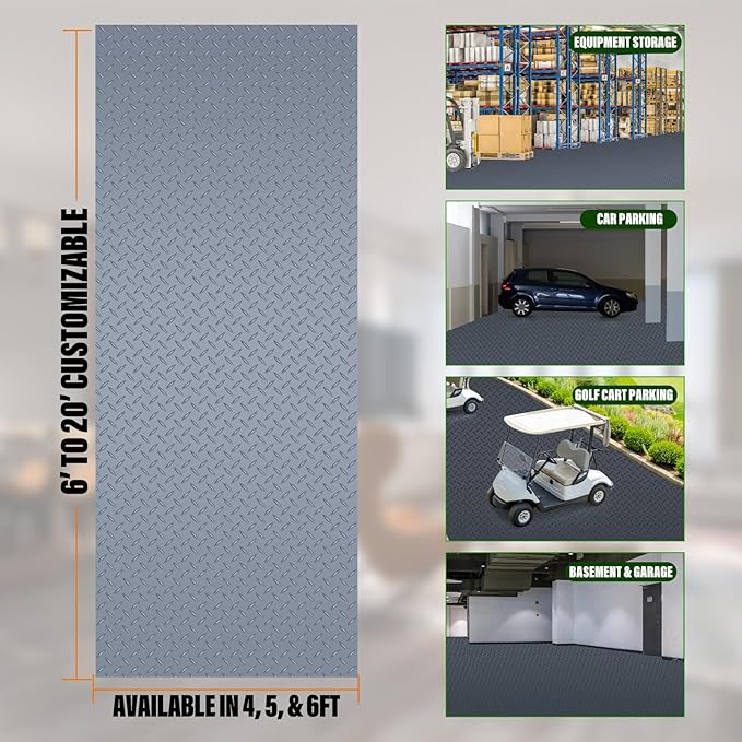 SEAL 6 x 20 Ft Premium Garage Floor Mat, Solid 2.8mm Thick Gray Commercial Grade Heavy Duty Parking Mat for Garage Floor, Golf Cart Parking, Water/Stain Resistant Floor Runner (Embossed Diamond Plate)