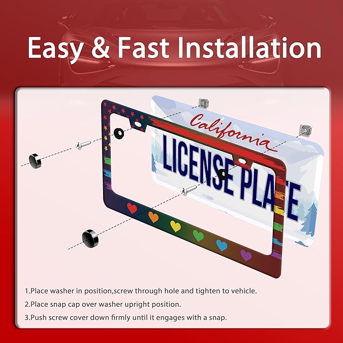 Rainbow Heart License Plate Frame Gay Pride LGBT License Plate Frames Stainless Steel Accessories Cars Decor with 2 Holes and Screws Fits Standard US CA Vehicles Size 12.2 x 6 Inches