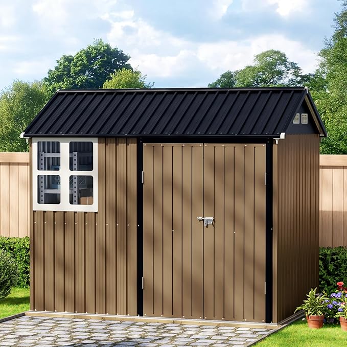 8X6FT Outdoor Steel Storage Shed with Lockable Doors, One Window,Ideal for Garden, Backyard, Patio Storage,Brown