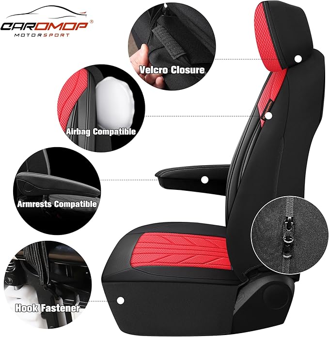 CAROMOP Luxury Faux Leather&Fabric Car Seat Covers Full Set with Breathable 3D Foam Back Support,Universal Comfortable Seat Covers for Cars,Trucks,SUVs, Front Armrests Compatible(5-Seat Black/Red)