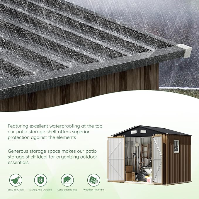 8X6FT Outdoor Steel Storage Shed with Lockable Doors, Frame Floor (No Wood/Other Boards),One Big Window,Ideal for Garden, Backyard, Patio Storage,Brown