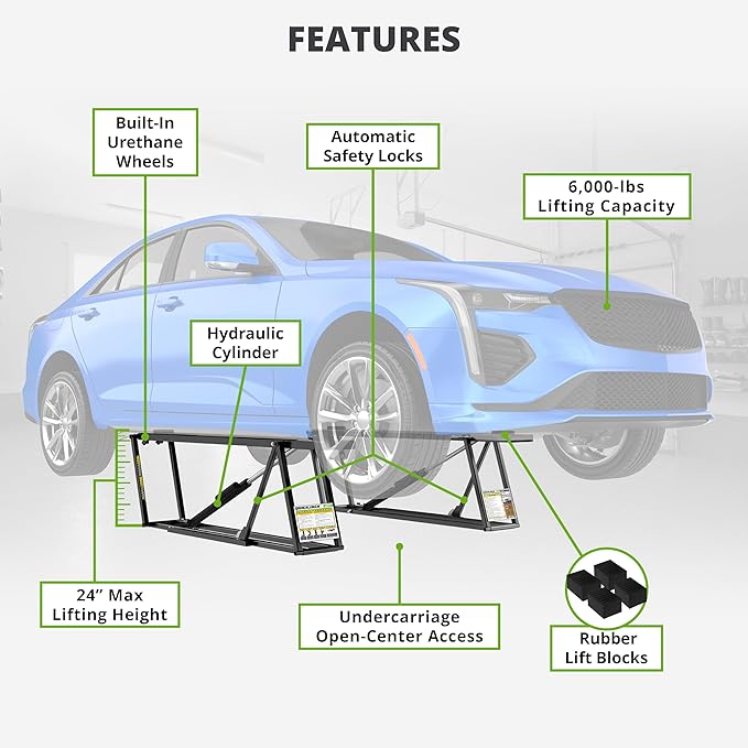 QuickJack 6000TL Portable Car Lift with 6,000lb Capacity, with 110V Power Unit, Safe & Portable Design Garage Lift for Home, Garage, Shop, or Mechanic Auto Repair