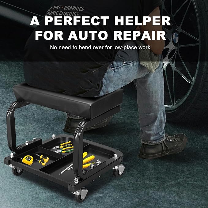 Torin ATR6300B Rolling Creeper Garage/Shop Seat: Padded Mechanic Stool with Tool Tray Storage, Black Large