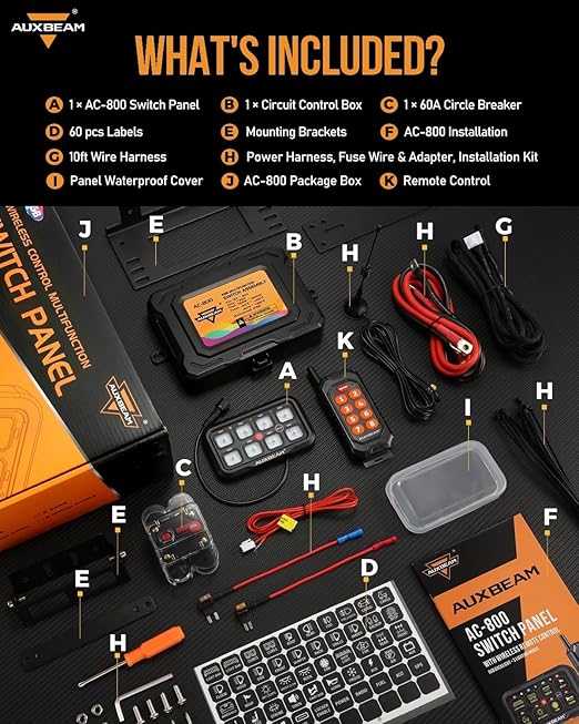 Auxbeam 8 Gang Switch Panel Bluetooth RGB AC-800 with APP&Remote Control Toggle Momentary Pulsed Switch Pod Off Backlight for Truck Offroad UTV ATV Car Marine 12-24V Waterproof 2 Years Warranty
