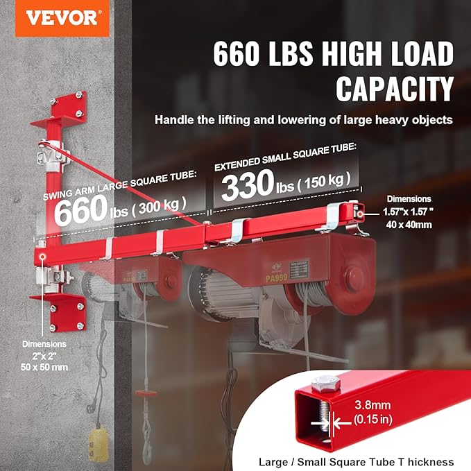 VEVOR Wall Mount Jib Crane, 660 lbs Max Load Capacity Electric Scaffolding Lift, Electric Hoist Holder Swing Arm with Pole, Steel Hoist Frame, 180° Swivel Scaffold Lifting Arm for Electric Hoist
