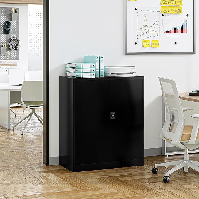 Metal Storage Cabinet, Lockable Storage Cabinet with 2 Doors and Shelves, Metal Cabinet with Lock, Small Lockable Metal Cabinet for Home Office(Black)