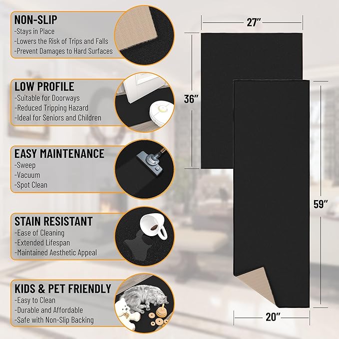 Ottomanson 2-Piece Kitchen Rug Set - Non Slip, Runner & Small Area Rug - Solid - 20" x 59" & 2'3" x 3' - Durable, Stain Resistant for Entryway, Bedroom and Bathroom, Black