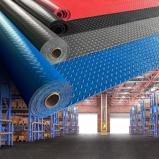 Boshen 5Ft x 7.5Ft Garage Floor Mat 2.5mm Thickened Rubber Flooring Roll 37.5sqft Diamond Plate PVC Rubber Trailer Mat Non-Slip Floor Protector Mat for Garage Warehouse Basement Trailer - Black