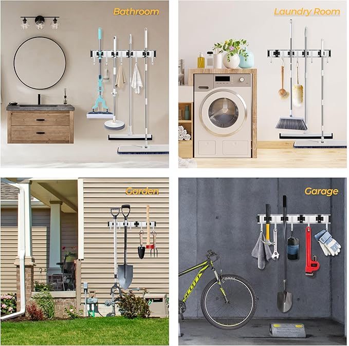 Broom Holder Wall Mount, 4 Star Roller Clips & 5 Extra Long Hooks, Thickened Backboard, Heavy Duty 55lbs Garden Tool Organizer for Mop, Rake, Shovel Storage
