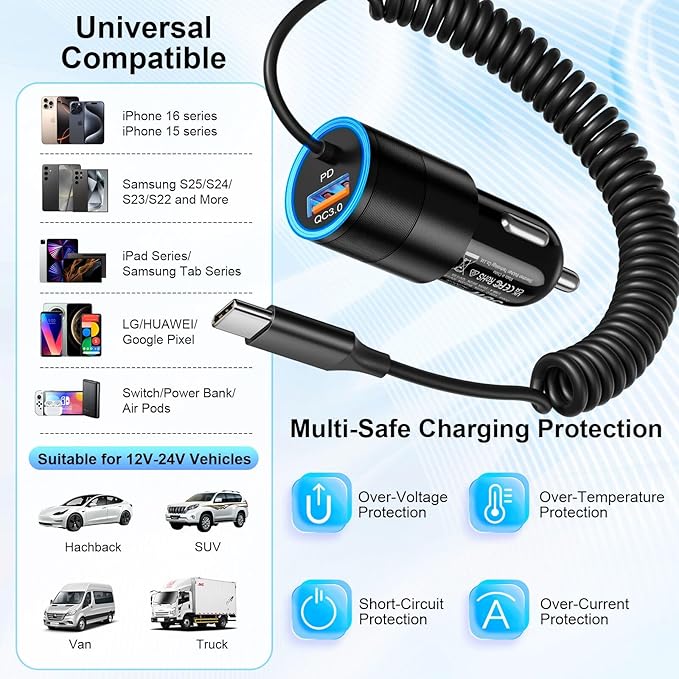 3-Pack USB C Car Charger,38W Fast Charging Car Phone Charger+3.5FT Type C Coiled Cable,PD&QC 3.0 Car Charger Adapter Compatible with iPhone 16/15 Plus/Pro/Max,Galaxy S24 S23 Ultra,iPad,LG