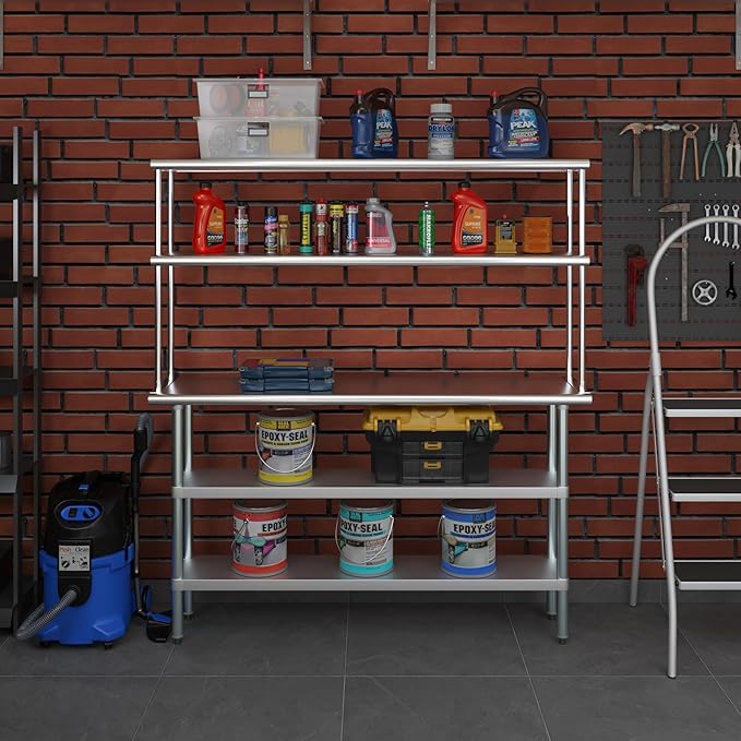 Amgood Stainless Steel Work Table with 2 Shelves | Metal Kitchen Prep Table & Shelving Combo (14" x 60" Table with 2 Shelves + 12" Overshelf)